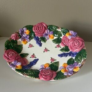 Vintage Fitz & Floyd Floral Raised Plate Cottagecore Pink Roses Majolica Style